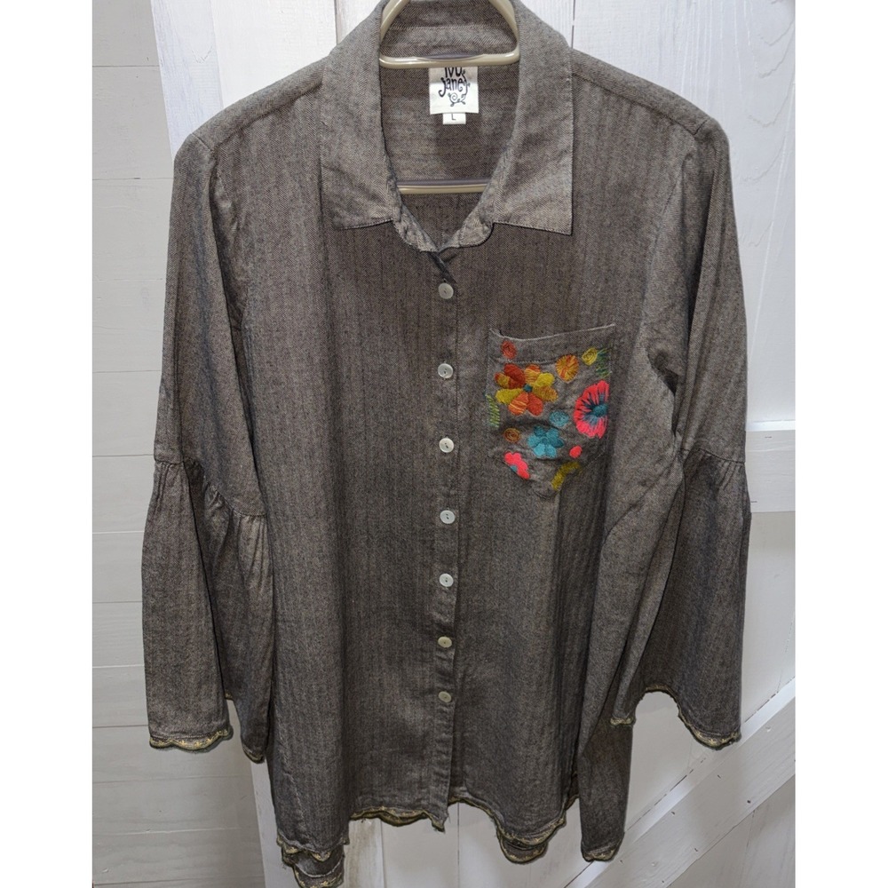 Ivy Jane Women's Large Long Bell Sleeve Brown Tweed Tunic Embroidered Pocket